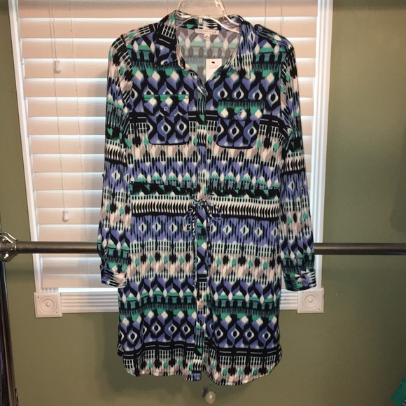 Notations Dresses & Skirts - New NWT Turquoise Shirt Dress Stretch PM PL Navy